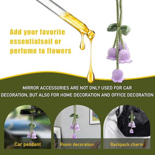 Car Mirror Rear View Mirror Convallaria Accessories, Cute Car Rear View Mirror Hanging Daisy Decorative Charms, Universal Handmade Daisy Aesthetic Ornament for Most Vehicles (Purple) - Image 5