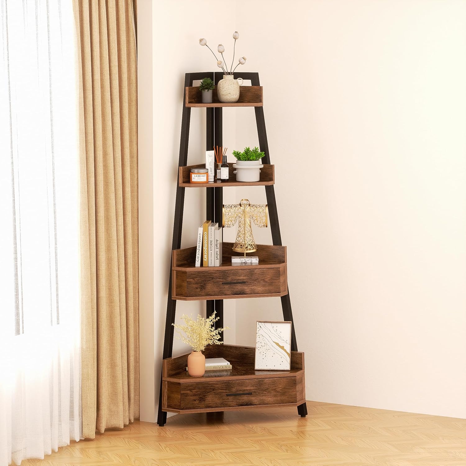 Elsie&Mi 55.1 Inch Tall Corner Shelf, 4-Tire 2 Drawers Corner Cabinet, Storage Rack for Living Room, Office, Kitchen, Basement, Bedroom, Rustic Brown - Image 6