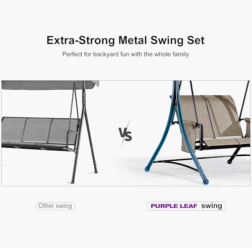 PURPLE LEAF 3-Seat Deluxe Outdoor Patio Porch Swing with Weather Resistant Steel Frame, Adjustable Tilt Canopy, Beige - Image 4