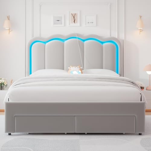 Twin Upholstered LED Bed Frame with Storage Drawer and Adjustable Chic Double Wavy Headboard, Velvet Princess Platform Bed for Kids/Girls, Solid Wood Slats Support, No Box Spring Needed, Beige - Image 24