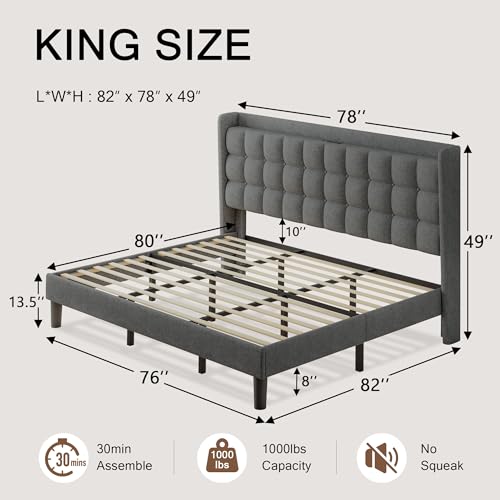 Queen Bed Frame, Upholstered Platform Bed with Charging Station, Modern Wingback Storage Headboard, Solid Wood Slats Support, No Box Spring Needed, Dark Gray - Image 13