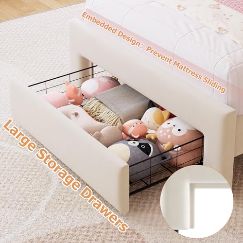 Twin Upholstered LED Bed Frame with Storage Drawer and Adjustable Chic Double Wavy Headboard, Velvet Princess Platform Bed for Kids/Girls, Solid Wood Slats Support, No Box Spring Needed, Beige - Image 72