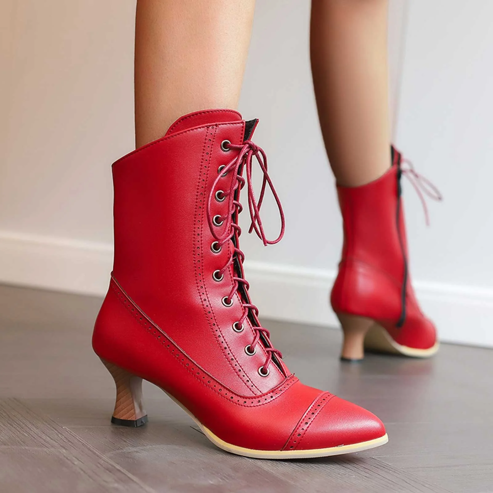 PMUYBHF Female Women Sandals and Slides Lace up British Boots Wine Glasses and Round Headed Solid Color Large Women’s Short Boots Red 38 - Image 2