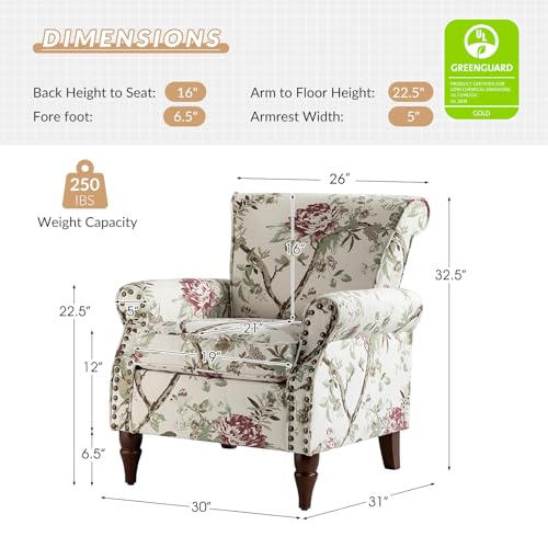 HULALA HOME Modern Wingback Accent Chair with Wood Legs & Removable Cushion, Comfy Upholstered Armchair with Nailhead Trim, Floral Pattern Single Sofa Chair for Living Room Bedroom, Blue - Image 51