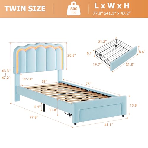 Twin Upholstered LED Bed Frame with Storage Drawer and Adjustable Chic Double Wavy Headboard, Velvet Princess Platform Bed for Kids/Girls, Solid Wood Slats Support, No Box Spring Needed, Beige - Image 47