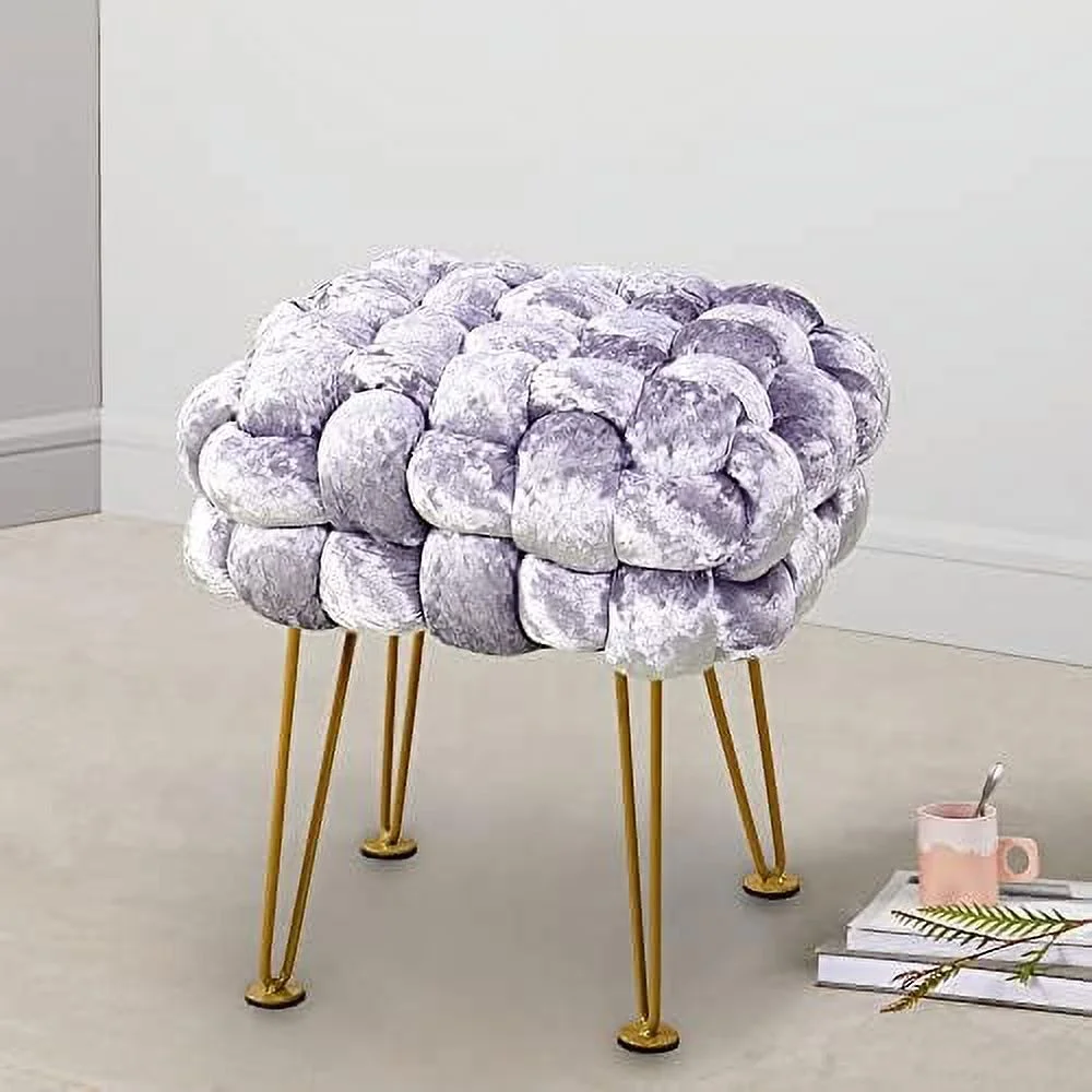 Retro Green Soft Upholstered Ottoman Entryway Bench Seat 16x16x16 Sturdy Accent Coffee Table for Living Room Make Up Vanity Fluffy Shoe Stool with Golden Legs for Bedroom C